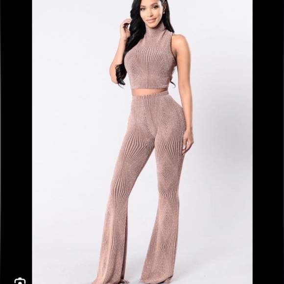 Fashion Nova shimmer two piece set high neck open back tank and bell bottoms - Picture 1 of 4